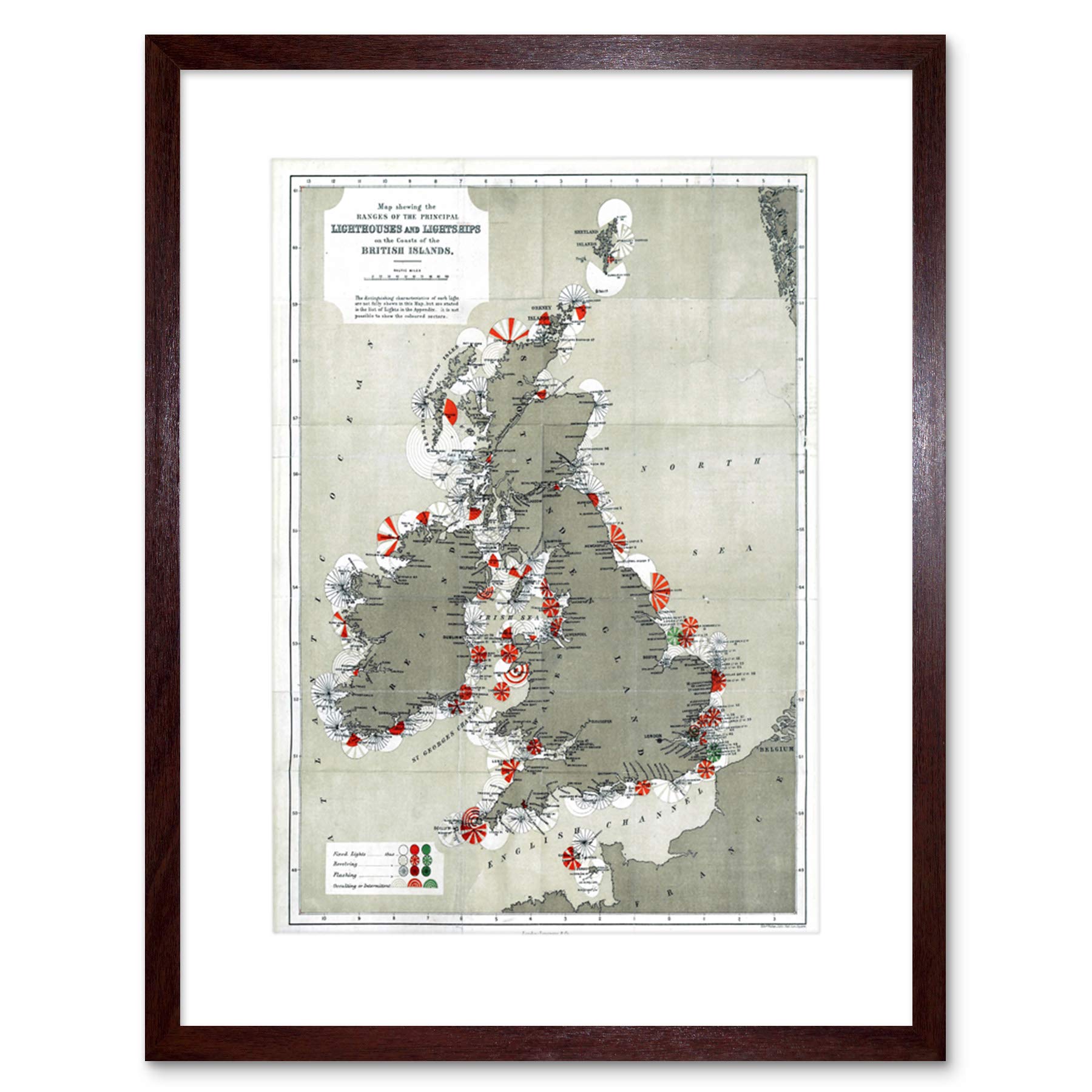 Wee Blue Coo Map Antique 1884 Price Lighthouses Lightships British Isle Framed Wall Art Print