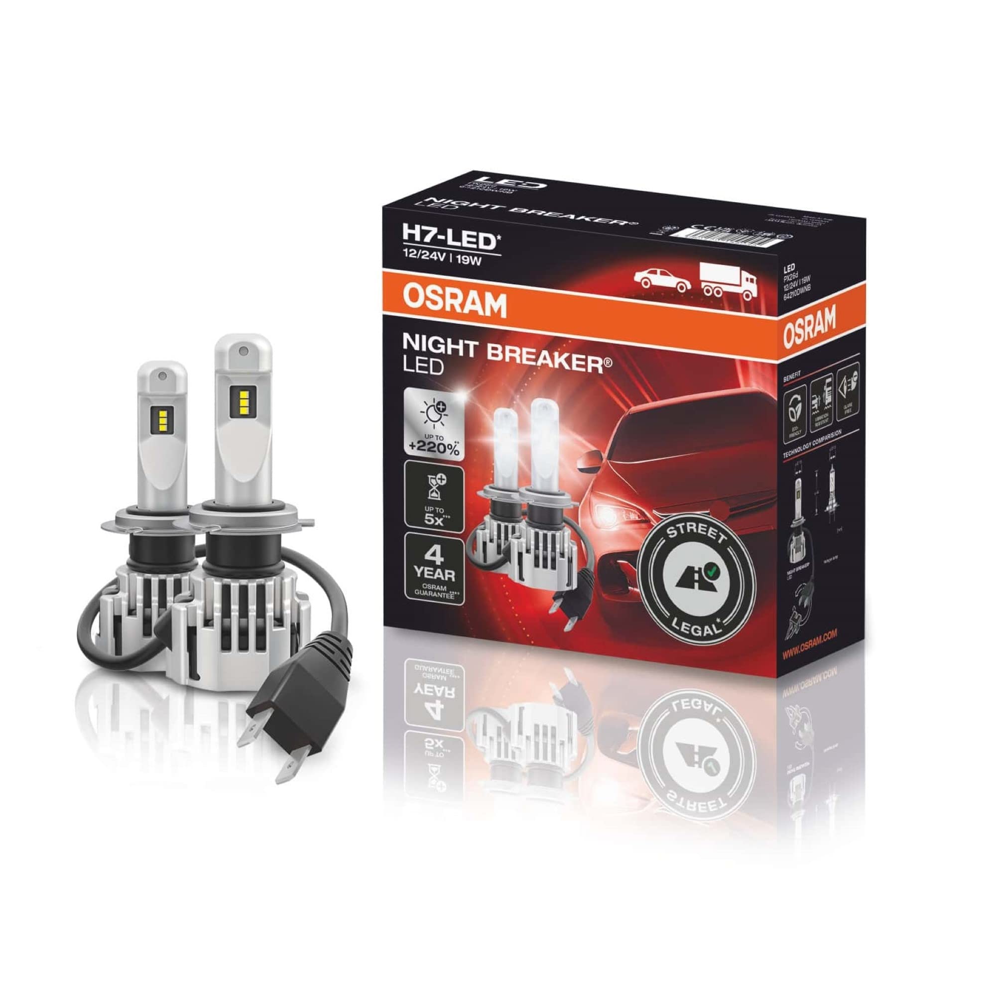 OSRAM NIGHT BREAKER H7-LED, hasta un 220% más de brillo, primera luz de cruce homologada para uso en carretera | primera luz de cruce homologada para uso en carretera
