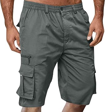 Cargo Shorts for Men Summer Casual Stretch Waist Tactical Shorts Knee Length Hiking Shorts with Zipper Pockets