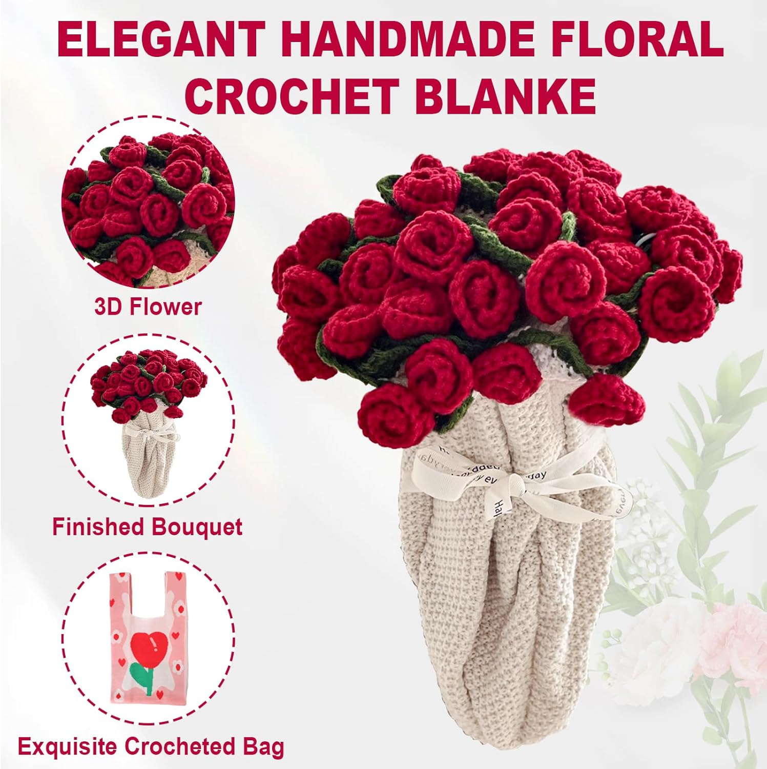 Crochet Flower Bouquet Blanket, 31.5 Inch Handmade Crochet Rose Blanket, Soft and Lightweight Rose Flower Finished Knitted Throw Blanket Gifts for Anniversary Birthday Wedding Home Decor