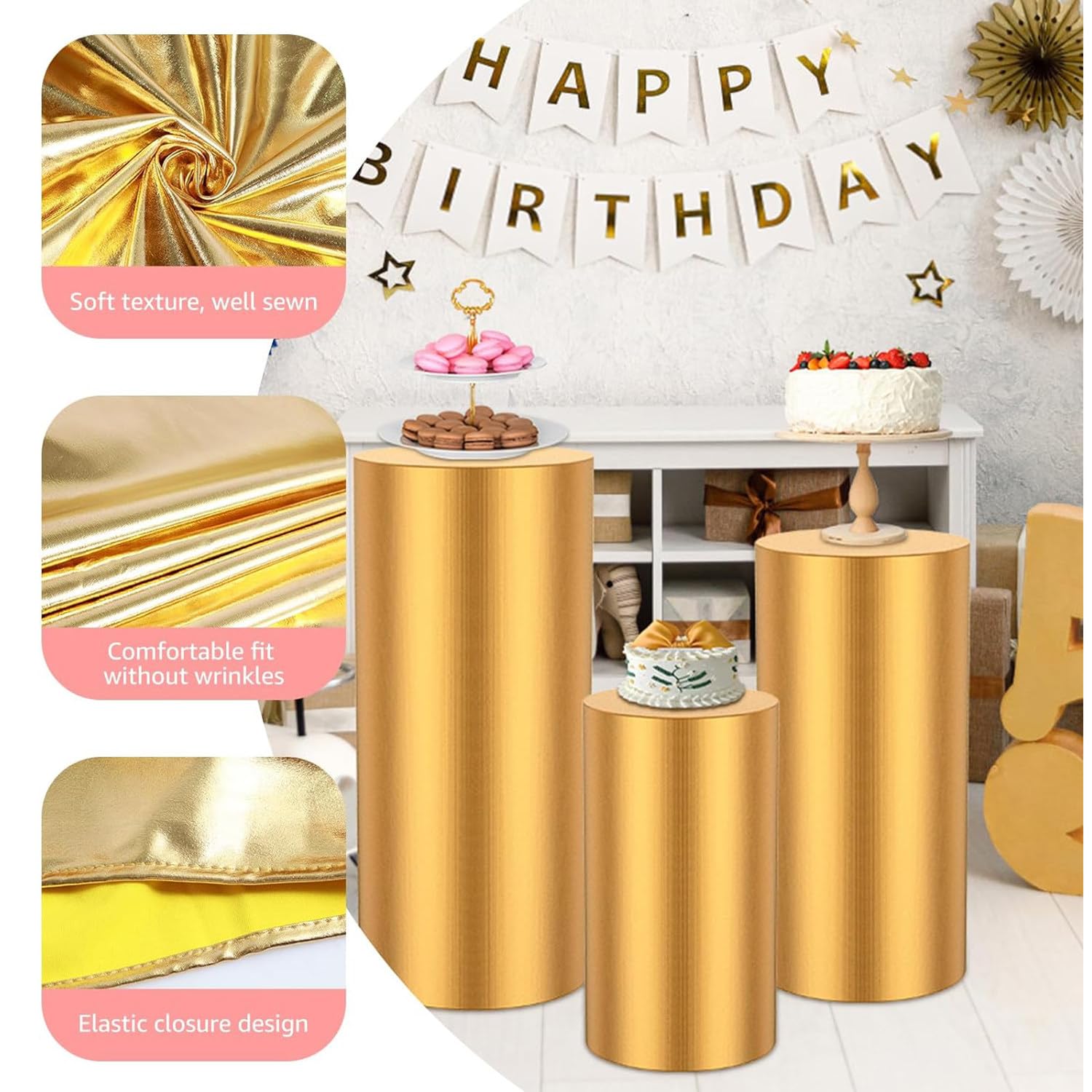 DCYEQRQ White Cylinder Pedestal Stand for Party Set of 3 Round Display Pillars Elastic Polyester Cover in Gold Color Perfect for Dessert Table Display (Gold)
