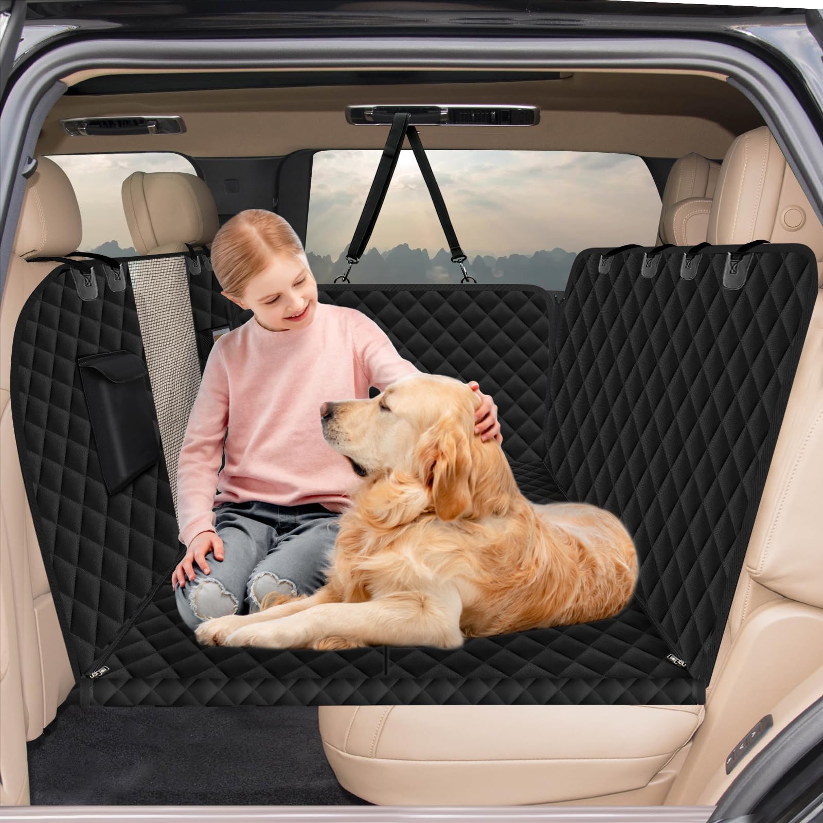 Reiseresa Dog Car Seat Cover for Back Seat with Hard Bottom, Back Seat Extender for Large Dogs Travel, Air Mattress Dog Hammock for Car SUV Truck, Quilted