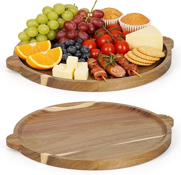 Acacia Wood Charcuterie Board with Handles 13 - Large Round Cheese Board Serving Tray Wooden Charcuterie Serving Platter for Coffee Table, Family Gatherings, Parties & Housewarming Gifts