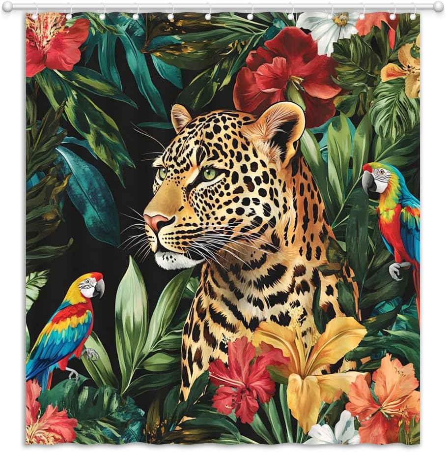 Leopard Shower Curtain Tropical Birds Parrot Palm Leaf Monstera Leaves Wild Animal Wildlife Big Cat Fabric Bathroom Decor Curtains with Hooks, 90" Wx70 H
