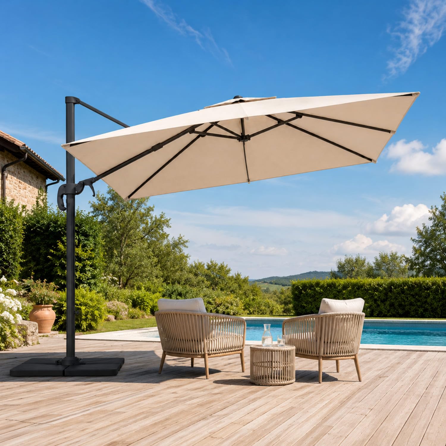 Ombrellone Da Giardino 3X3 M Con Braccio Retrattile Per Esterni Piscina Terrazze Bar Hotel Gazebo In Acciaio Inossidabile Con Braccio Rotabile 360° Impermeabile E Resistente Ai Raggi UV Beige