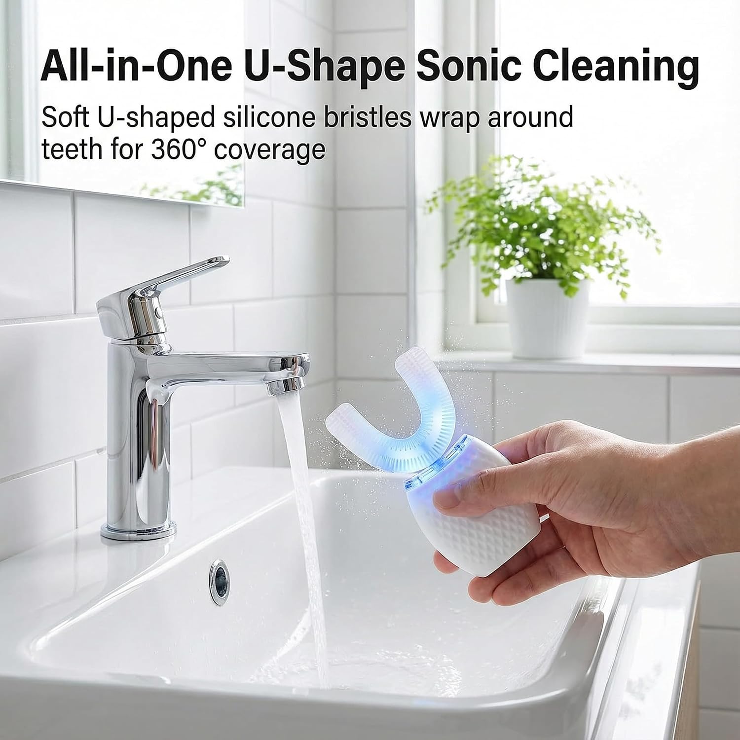 Adult U-Shaped Electric Toothbrush, Ultrasonic Cleaning with Foam Mousse, Hands-Free Design, 4 Brush Heads (White)
