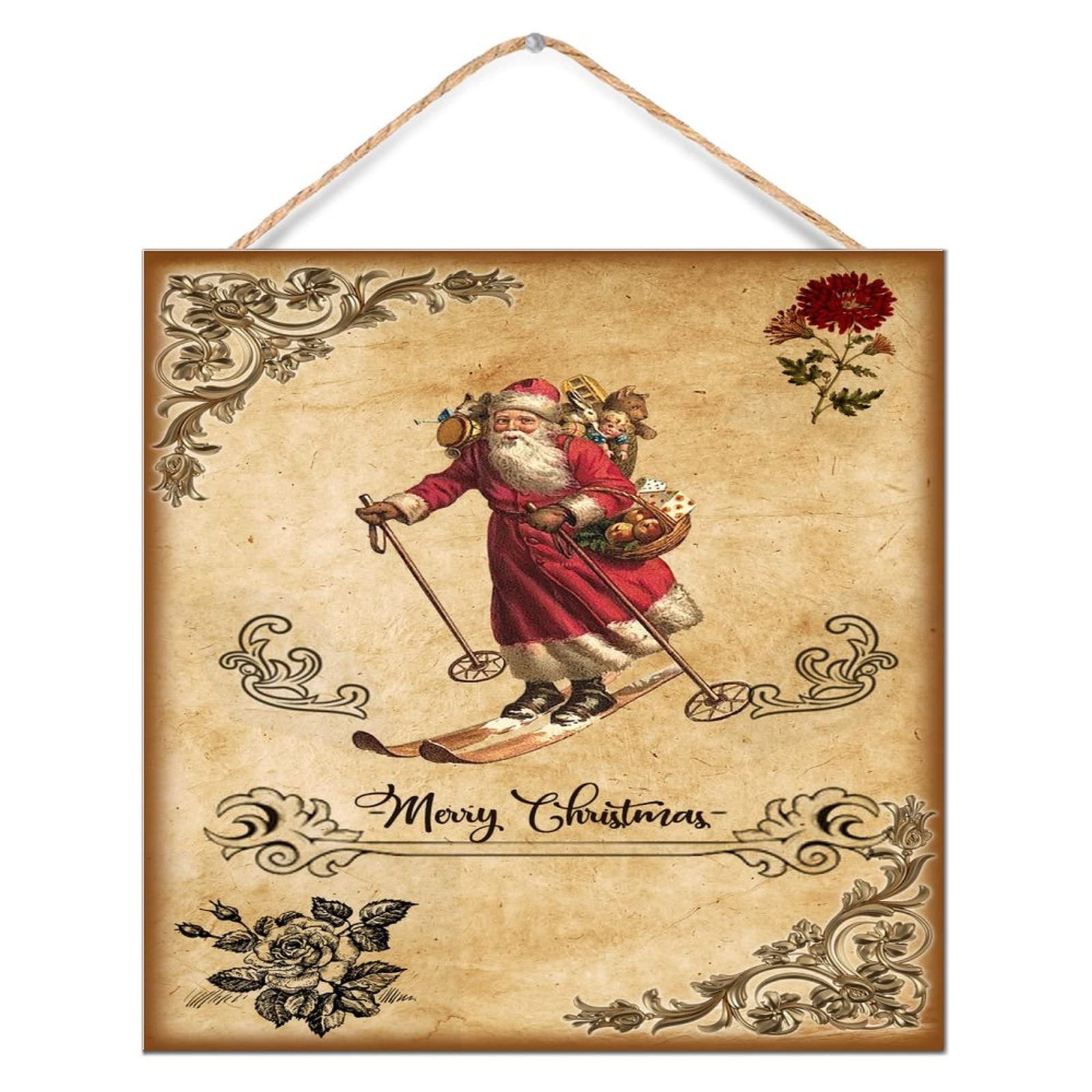 Cadeau pour salon original : plaque en bois ancienne du Père Noël