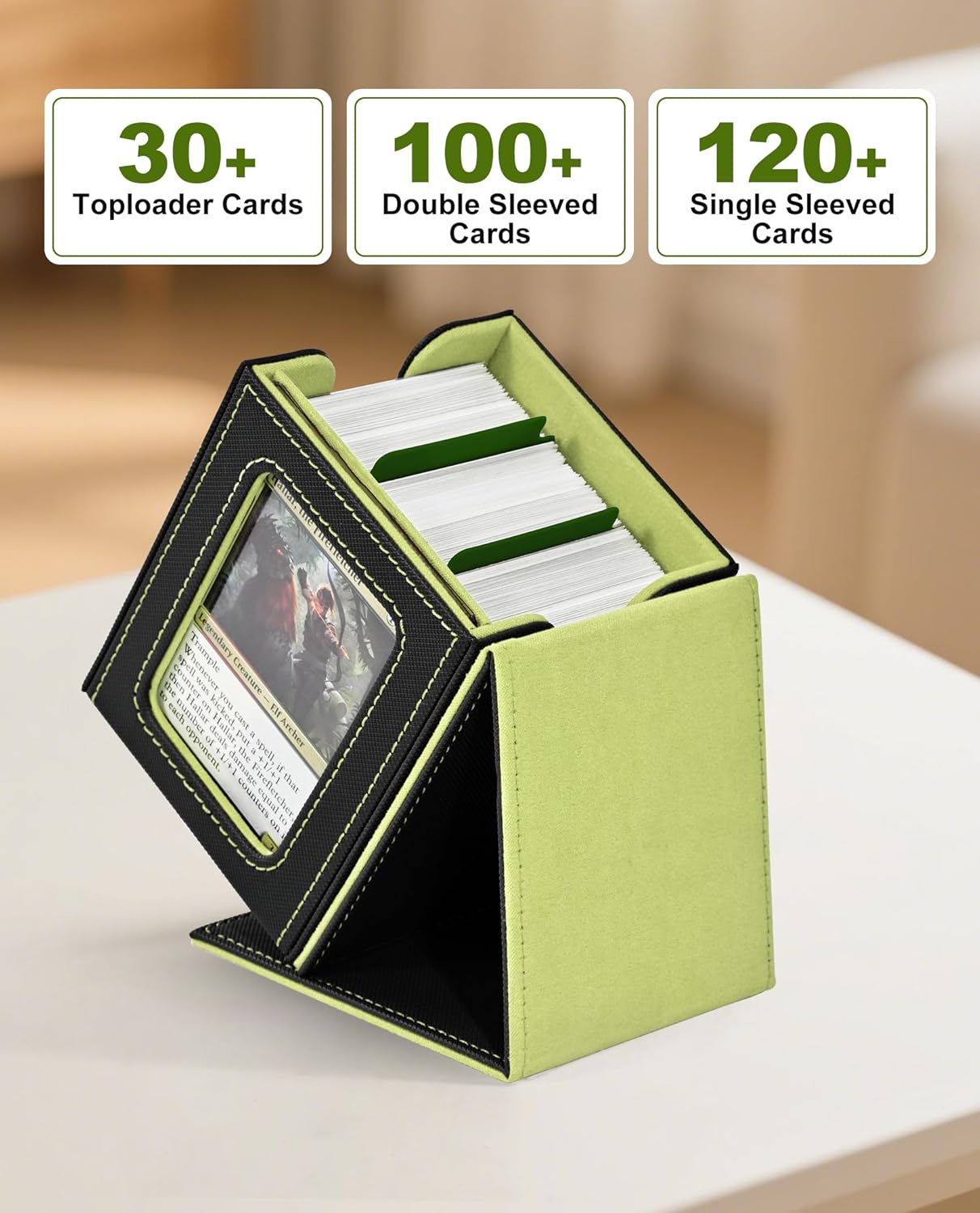 MTG Deck Box with Commander Window Display, Trading Card Storage Box Holds 100 Double-Sleeved Cards Suitable for TCG/CCG/PTCG/EDH/Magic/Sport Cards(Black&Green)