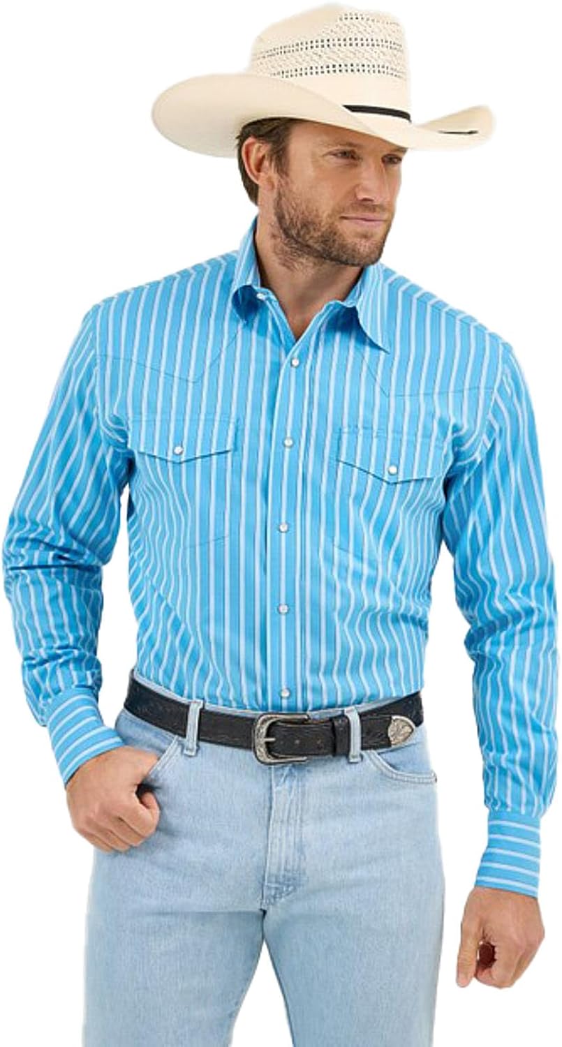 Wrangler Mens Blue Stripe Wrinkle Resist Long Sleeve Shirt