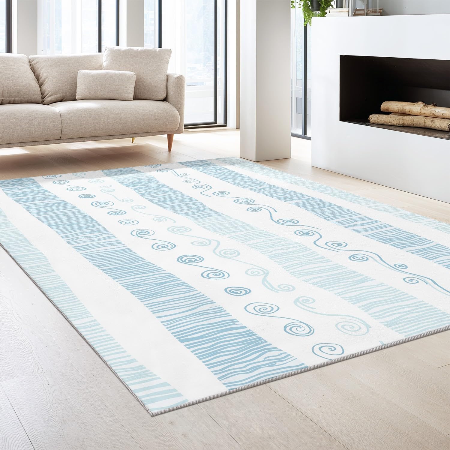Minimalistyczny dywan nordycki Bohema, prosty, naturalny obszar, 150 x 210 cm, niebiesko-białe paski, wirowy, krótkie runo, do domu, do gabinetu, salonu, antypoślizgowy, zmywalny dywan