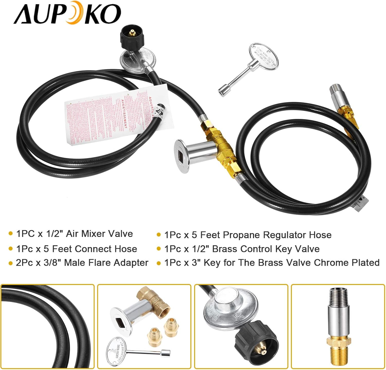 Aupoko Fire Pit Installation Kit with 90K BTU Propane Gas Valve Control Assembly System Kit, Including 1/2' Chrome Key and Quarter-Turn Shut-Off Valve, Replacement for Propane Gas Connection