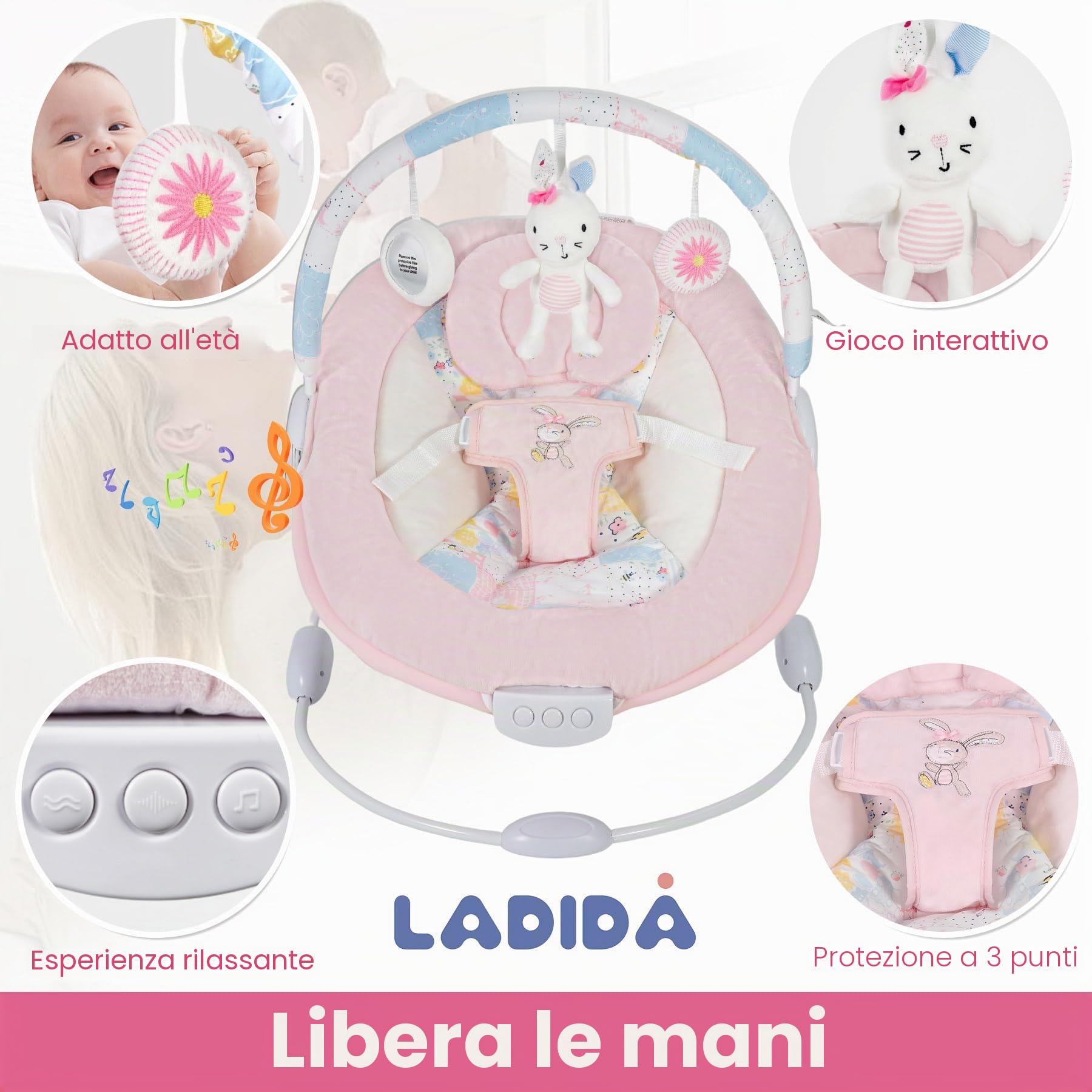 LADIDA Sdraietta morbida e imbottita con musica rilassante e vibrazioni, motivo coniglio rosa, adatto per neonati