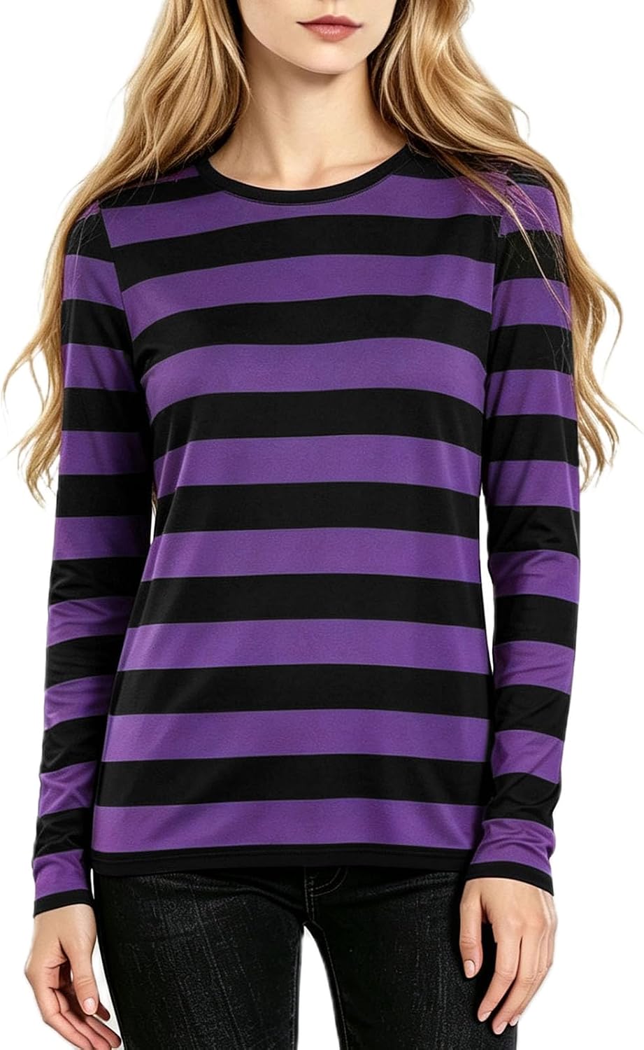 Women Striped Long Sleeve Shirt Halloween Pink Purple Cheshire Cat Tops