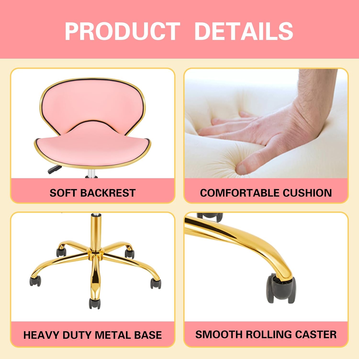 Rolling Stool with Back Support, Salon Stool with Wheels for Spa, Cute Swivel Chair for Lash, Nail Tech and Hair Stylist, Height Adjustable Chair for Massage Beauty Makeup-Pink