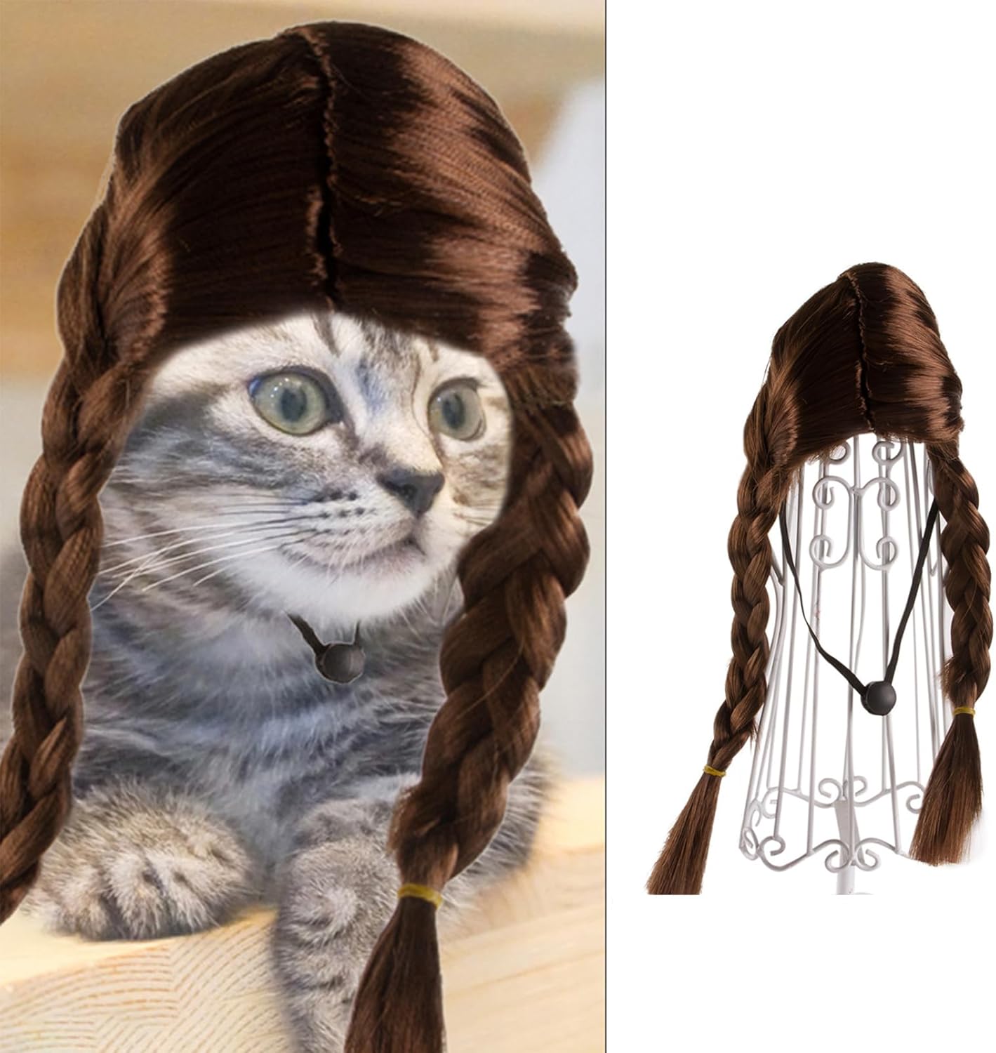 Peluca para perro Bamy, disfraz divertido, Halloween, Navidad, trenza marrón larga