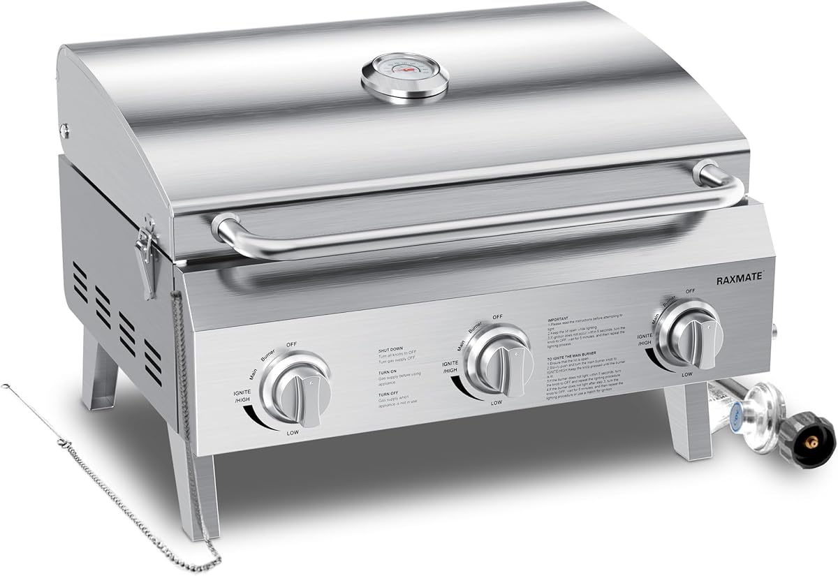 3-Burner Tabletop Gas Grill 30,000 BTUs Portable Propane Grill | 22-inch Stainless Steel Grill with Foldable Legs, Ideal for BBQ, Camping, Patio, Backyard, Tailgate, and Holiday Gatherings