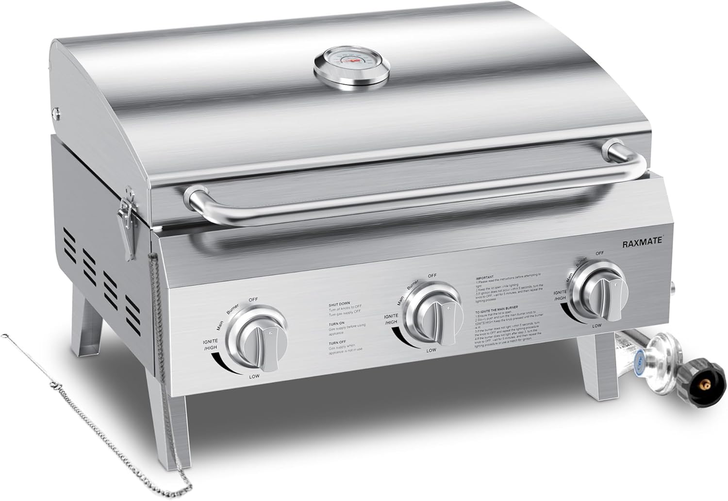 Tabletop Gas Grill 3-Burner, 22-inch Portable Propane Grill, 30,000 BTUs Stainless Steel Grill with Foldable Legs, Ideal for BBQ, Camping, Patio, Backyard, Tailgate, and Holiday Gatherings