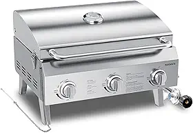 Churrasqueira portátil a gás propano, churrasqueira de mesa de aço inoxidável de 56 cm com 3 queimadores, pernas dobráveis, 30.000 BTU, perfeita para acampamento, viagens de trailer e churrascos de