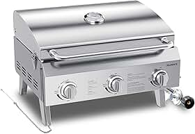 Churrasqueira portátil a gás propano, churrasqueira de mesa de aço inoxidável de 56 cm com 3 queimadores, pernas dobráveis, 30.000 BTU, perfeita para acampamento, viagens de trailer e churrascos de