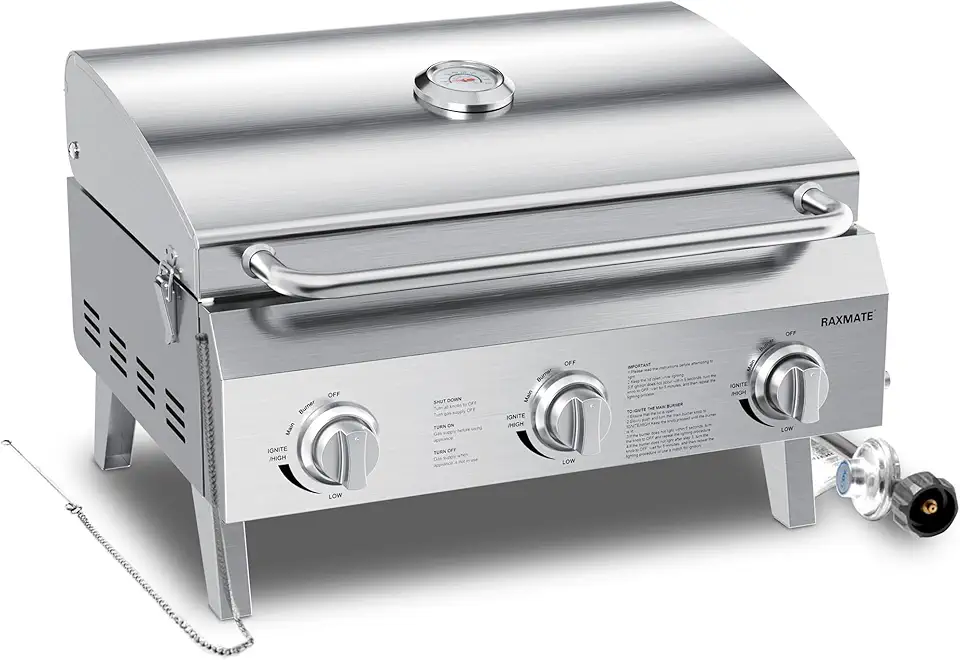 Churrasqueira portátil a gás propano, churrasqueira de mesa de aço inoxidável de 56 cm com 3 queimadores, pernas dobráveis, 30.000 BTU, perfeita para acampamento, viagens de trailer e churrascos de