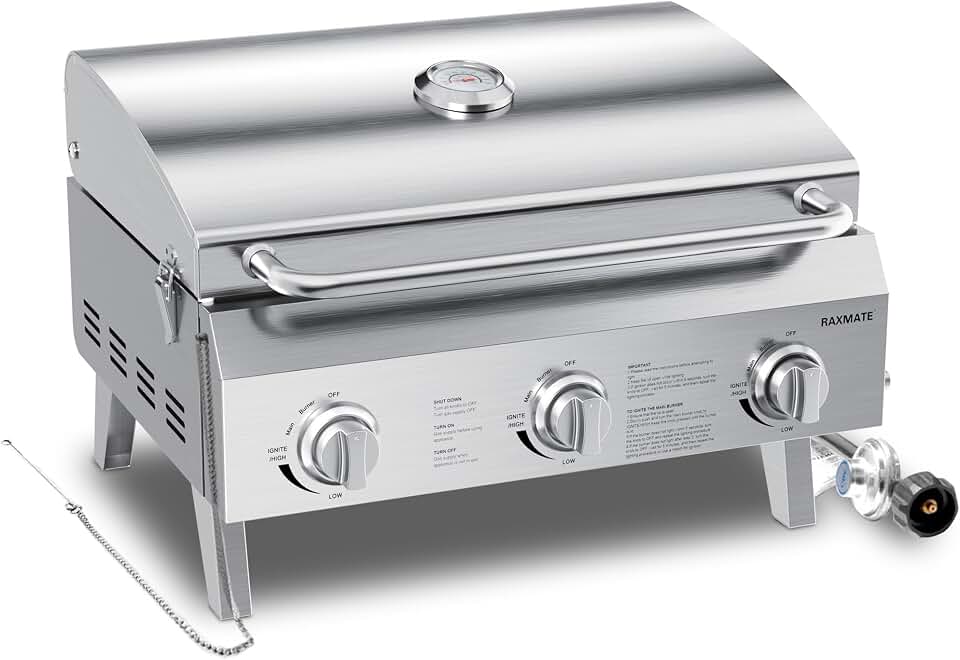 Churrasqueira portátil a gás propano, churrasqueira de mesa de aço inoxidável de 56 cm com 3 queimadores, pernas dobráveis, 30.000 BTU, perfeita para acampamento, viagens de trailer e churrascos de