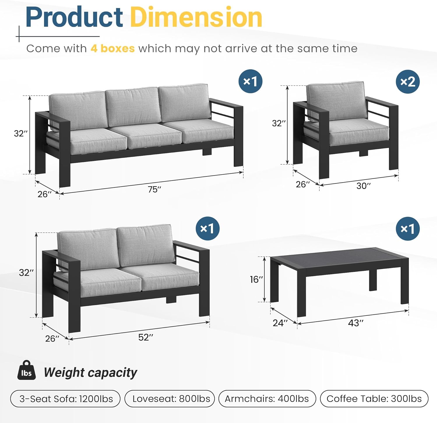 Solaste Aluminum Patio Furniture Set for All Weather, Oversized Metal Outdoor Furniture Set with 27.5" Deep Seating and 3.2" Wide Armrest, Outdoor Patio Conversation Sets with 10" Back Suport Cushion