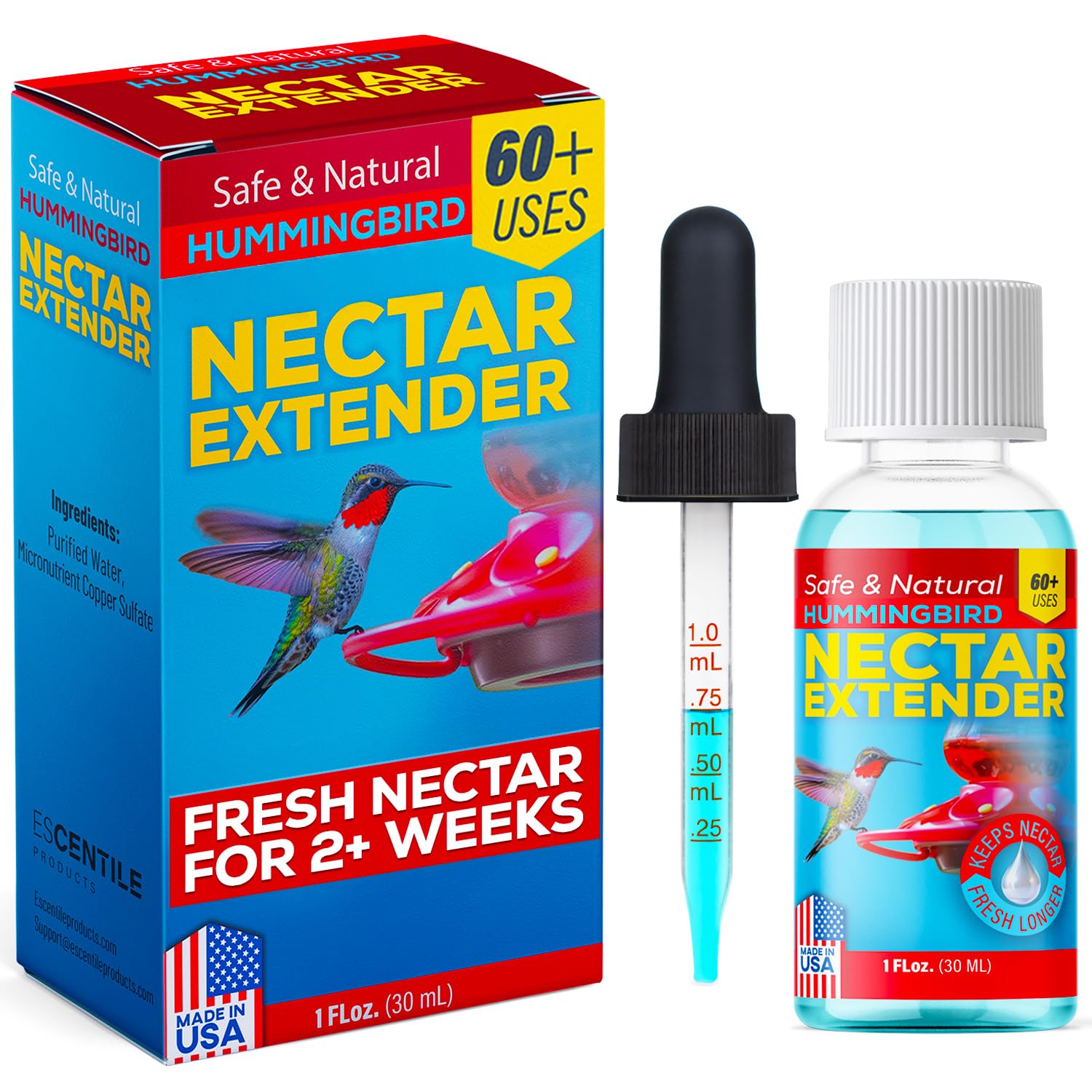 Hummingbird Nectar Extender - Keeps Nectar Fresh for 2+ weeks, 60+ Uses, Made in USA, Safe & Natural Nectar Defense, Bird Safe Formula, for All Hummingbird Nectar & Feeders - 1oz