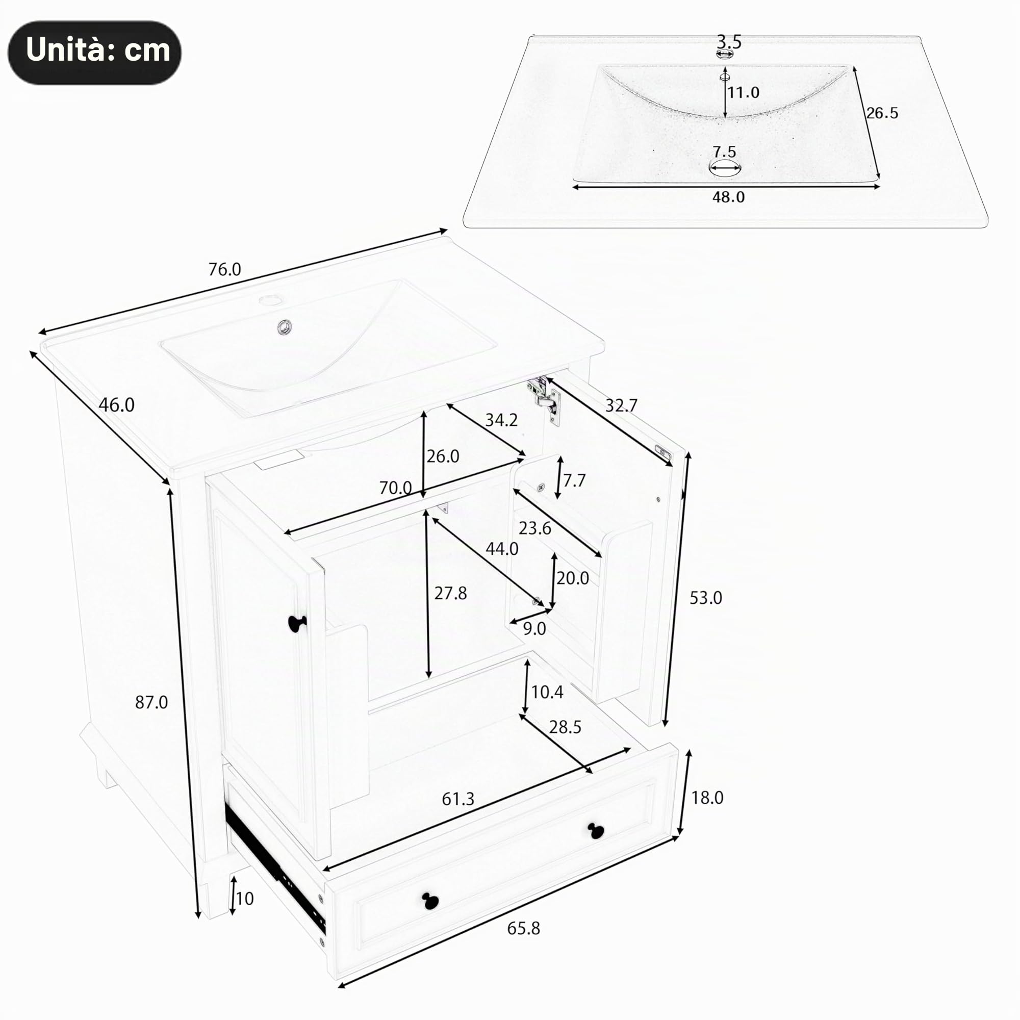 76 x 46 x 87 cm Armadietto da pavimento con lavabo, lavabo, gambe in legno massiccio, verniciatura completa, impermeabile e impermeabile, ampio spazio di archiviazione, lavabo in ceramica integrato