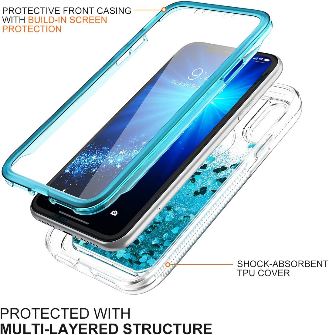 SURITCH Case for iPhone XR, [Built-in Screen Protector] Quicksand Bling Liquid Glitter Case Full-Body Protection Rugged Bumper Shockproof Cover for iPhone XR 6.1 Inch(Blue)