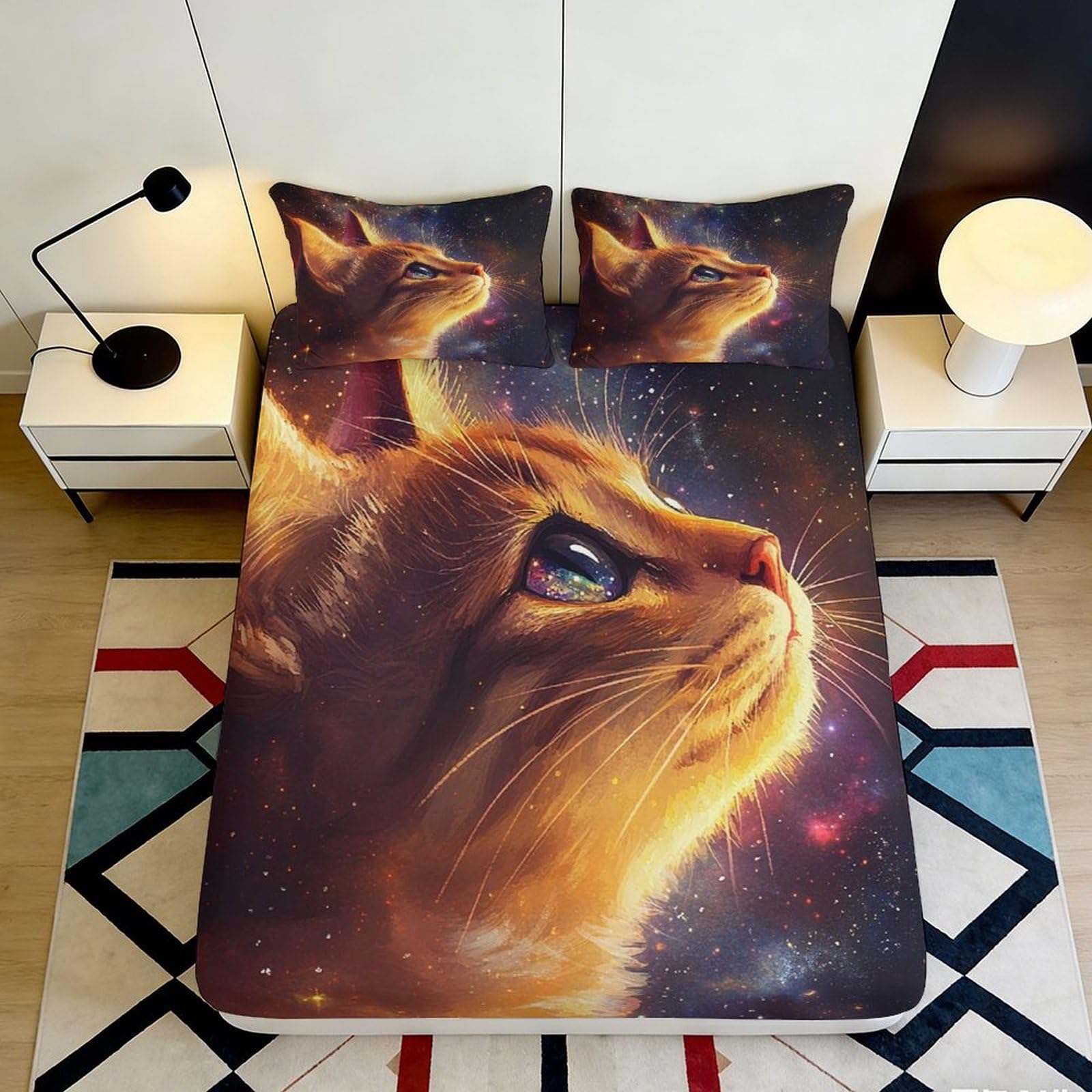 3D Printed Galaxy Starry Sky Fitted Sheet Microfiber Soft Cat Nebula Mattress Cover Anti-Slip Machine Washable Bedroom Decor 120x200cm 90x200x25cm