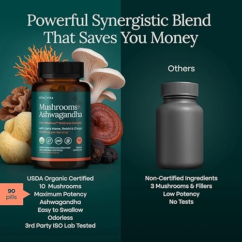 Miniatura 6 de USDA Organic Lions Mane Suplemento Cápsulas con Ashwagandha, Chaga, Reishi, Cordyceps, cola de pavo (18,600 mg/serv), 10 complejos adaptogénicos de
