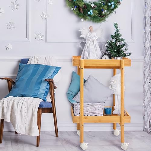 Miniatura 4 de Mxbamhyc Carrito de barra de bambú, carrito de servir con bandeja rodante, carrito de utilidad con ruedas y bandejas, carrito de café de 2 niveles