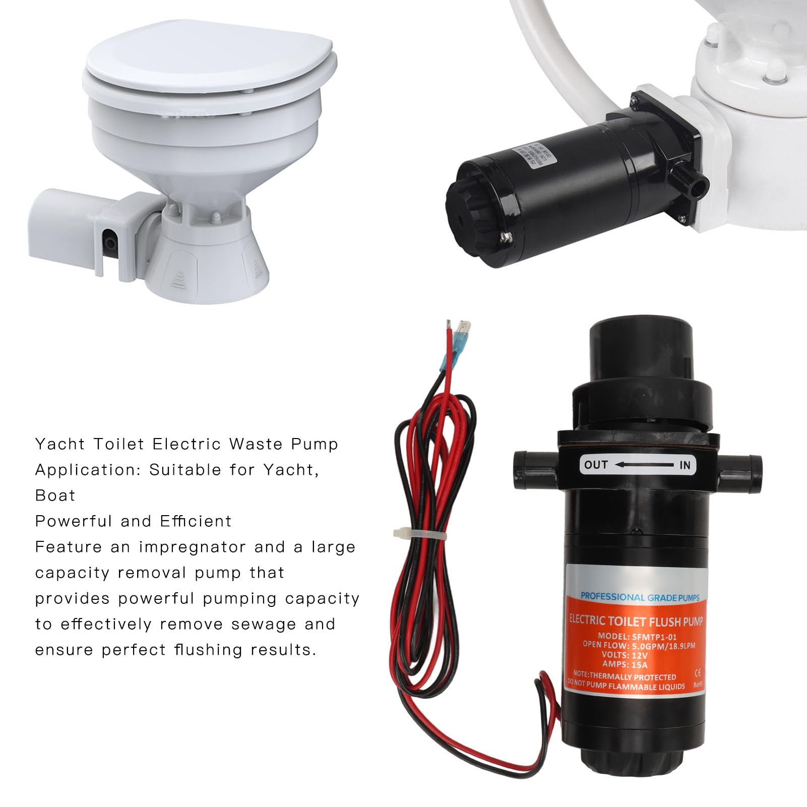 Kit de Subconjunto de Macerador de Inodoro Eléctrico Marino, Bomba de Residuos Eléctrica para Inodoro de Yate, Bomba de Aguas Residuales de Inodoro (12 V 15 A (flujo máximo: 5,5