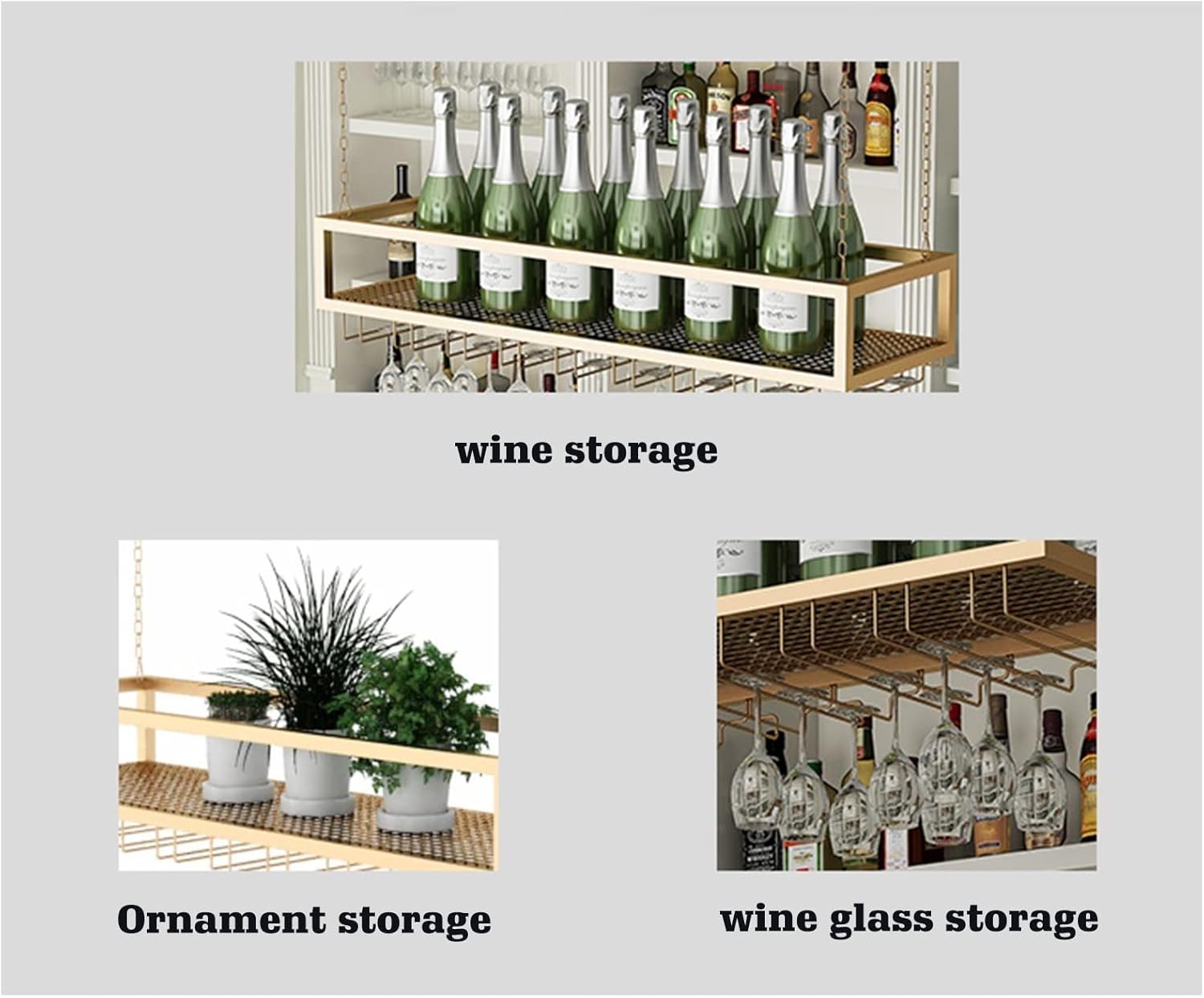 Ceiling Wine Rack with Chain - Hanging Plant Stand, Upside Down Wine Glass Holder, Bar Wrought Iron Floating Shelf, Restaurant Metal Storage Rack, Easy to Install, Can Bear 70-90kg