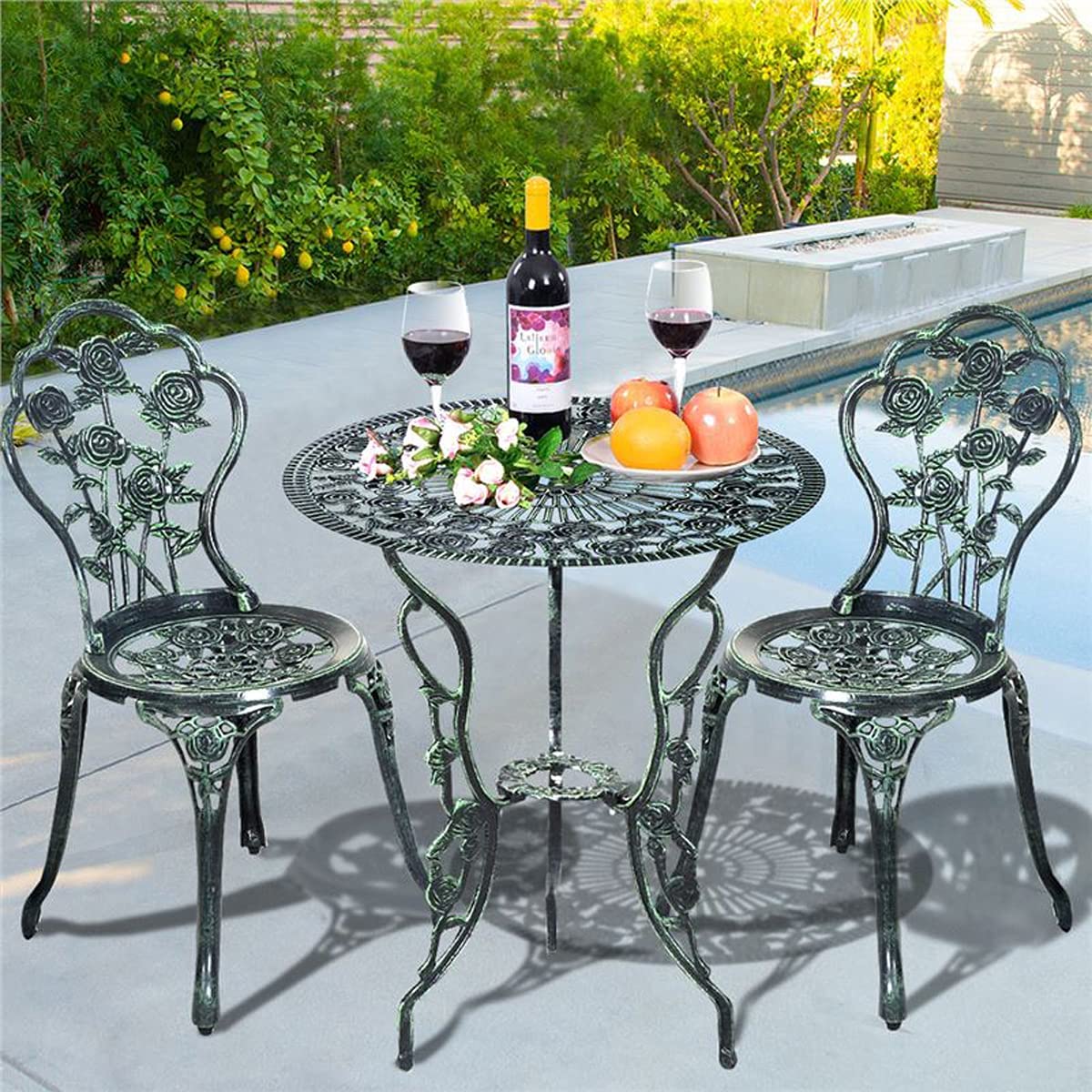 RELAX4LIFE Tavolo da Giardino con Sedie, Set da Giardino 3 Pezzi in Alluminio e Ghisa, Tavolo da Giardino con Foro per Ombrello, Tavolino Rotondo e 2 Sedie, per Balcone, Piscina, Cortile (Modello 2)