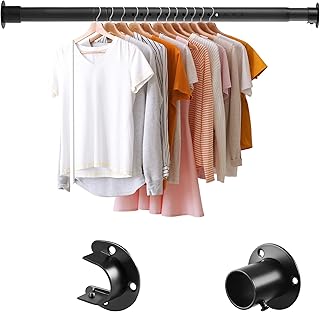 Closet Rod, 17 to 86 inches Adjustable Closet Rods for Hanging Clothes Heavy Duty Closet Hanging Rod Metal Black Rod for Closet, Wardrobes, Bathroom, Windows