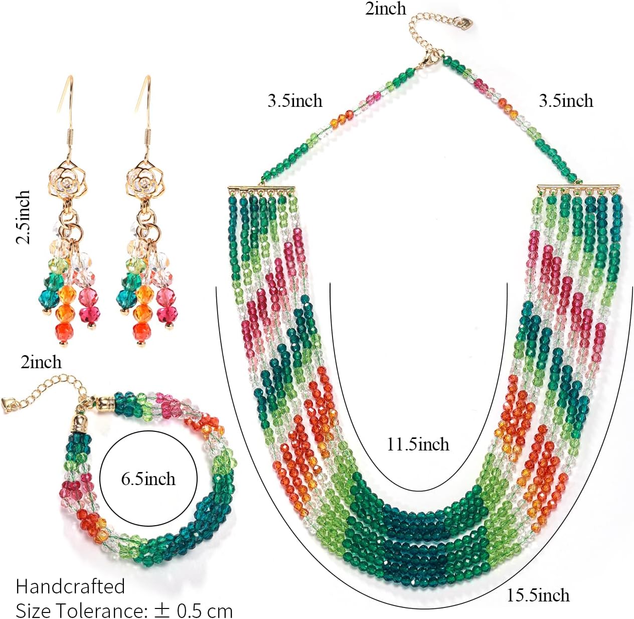 3 Pack Colour Crystal Jewelry Set for Women,Adjustable Beaded Necklace Bracelet Dangle Earrings Sets Hypoallergenic Sparkly Gemstone Jewelry for Wedding Bridesmaid Prom Party
