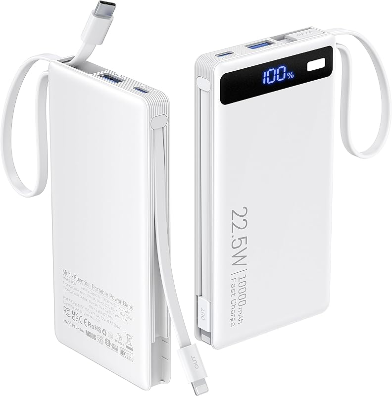Power Bank with 2 Built-in Cables 10000mAh,22.5W Fast Slim Portable Charger | USB C Battery Pack, Travel Essentials Gift PD Fast Charging Powerbank For iPhone 17 16 15 Plus Pro Galaxy iPad White(1 Pack)