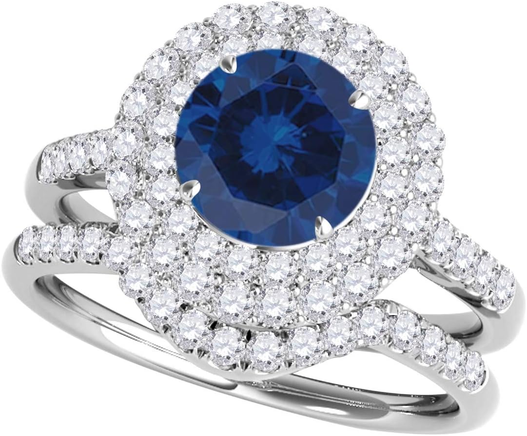 MauliJewels 1.45 Carat Halo Sapphire And Diamond Bridal Set 4-prong 14k White Gold