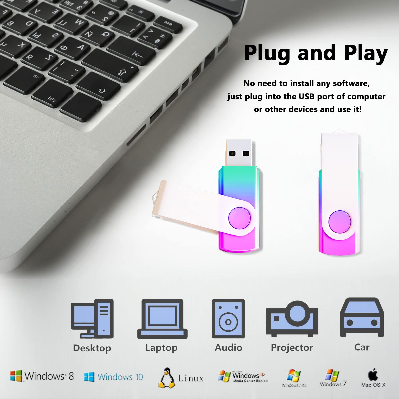 1 Pack Viola-Ciano 64GB USB Flash Drive Colore Sfumato USB 2.0 Memory Stick All'ingrosso Girevole Design Thumb Drive per l'archiviazione dei dati - Vista 3