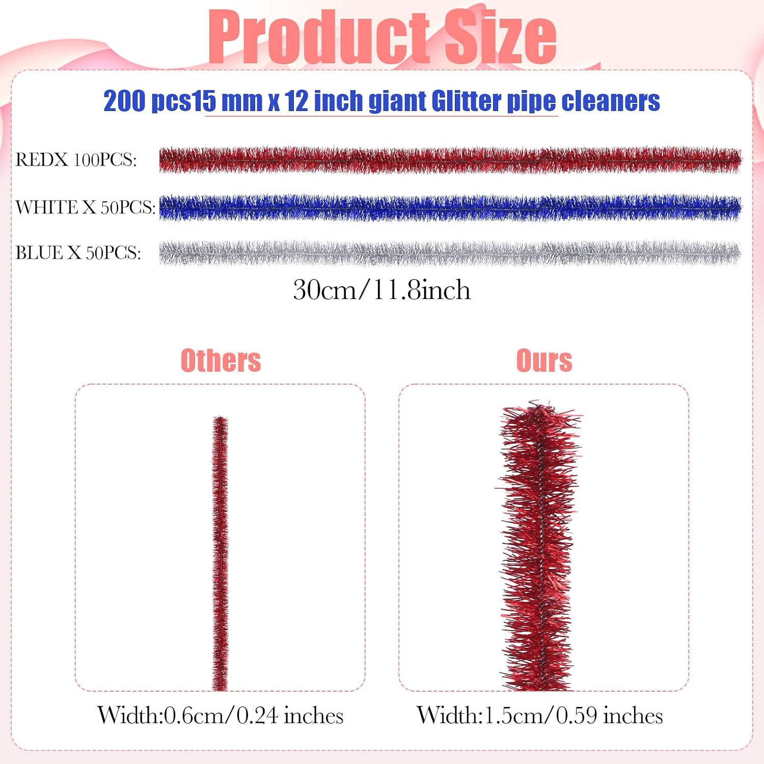 200 Pcs Independence Day Large Glitter Pipe Cleaners 15mm x 12 Inch Sparkly Metallic Pipe Cleaners Bulk for 4th of July Patriotic St. Patricks DIY Art Projects Creative Gift(Red,White,Blue)