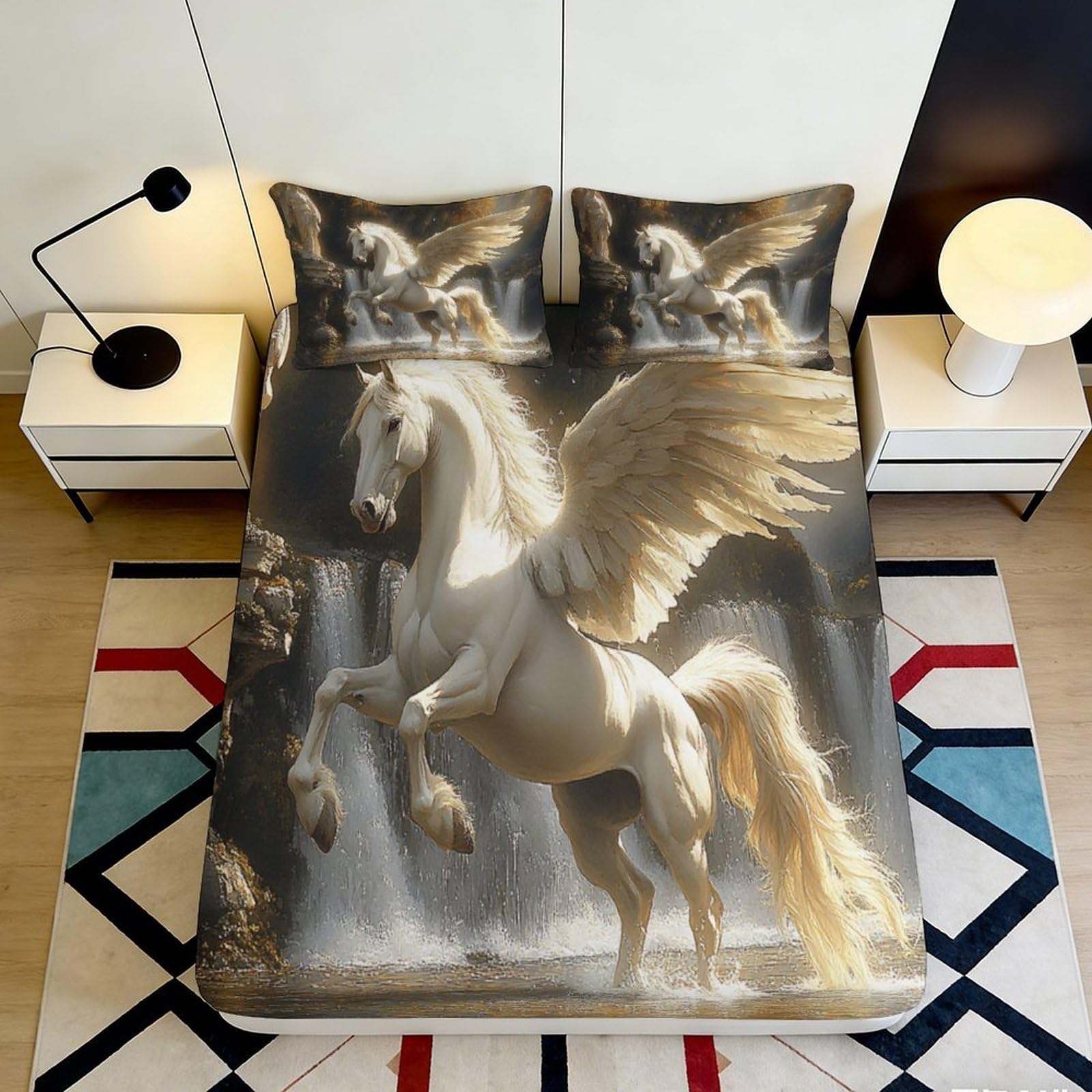 3D Printed White Pegasus Fitted Sheet Microfiber Soft Anti-Slip Waterfall Mattress Cover for Bedroom Decor 90x200x25cm