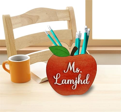 Miniatura 4 de Soporte de bolígrafo personalizado para escritorio, lindo soporte de madera para lápices para profesores, organizador de escritorio de regreso a