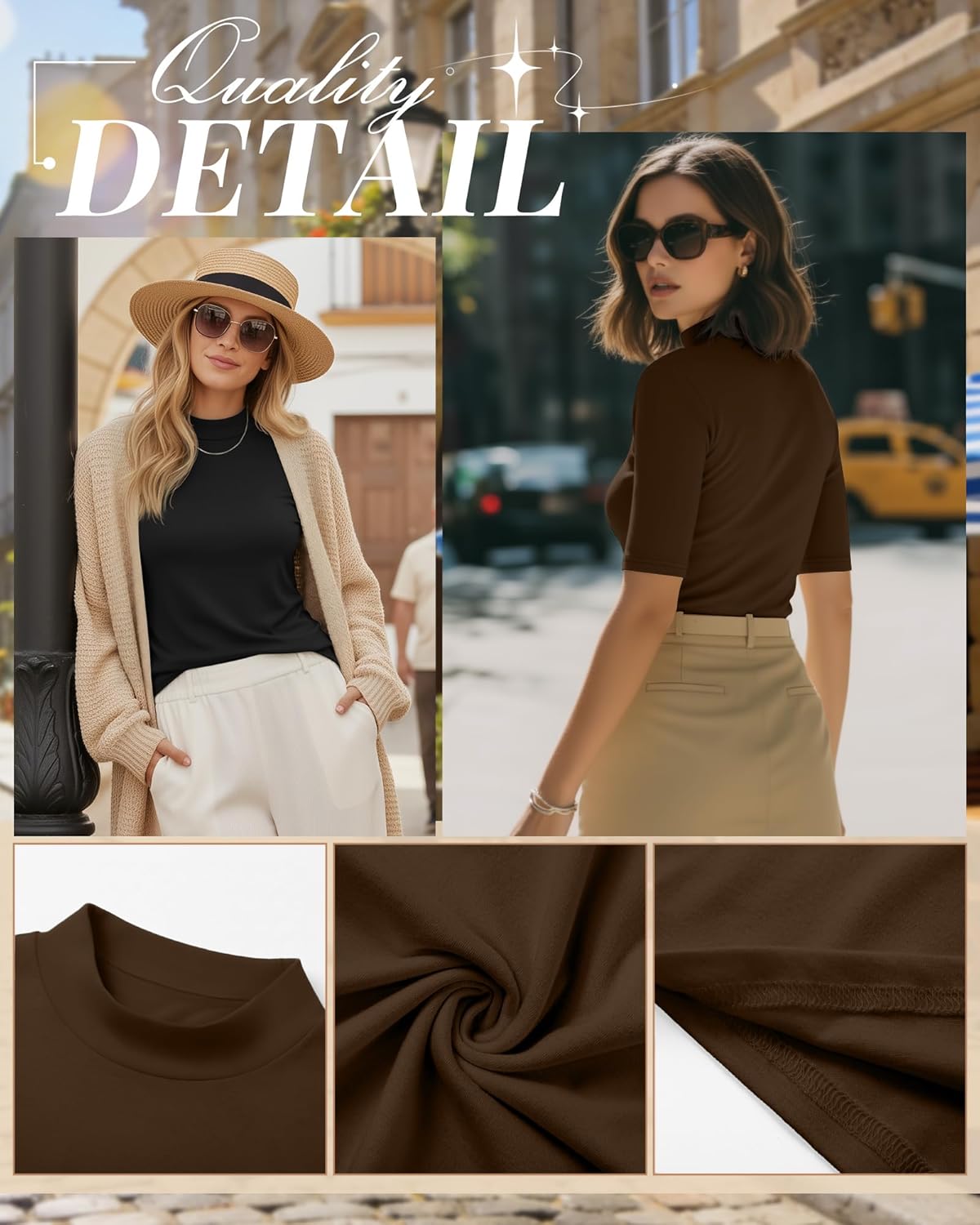 Ficerd 2 Pack Women's Mock Turtleneck T Shirts, Half Sleeve Business Casual Tunic Tops Slim Fit Summer Basic Dressy Tee Shirt - Image 4