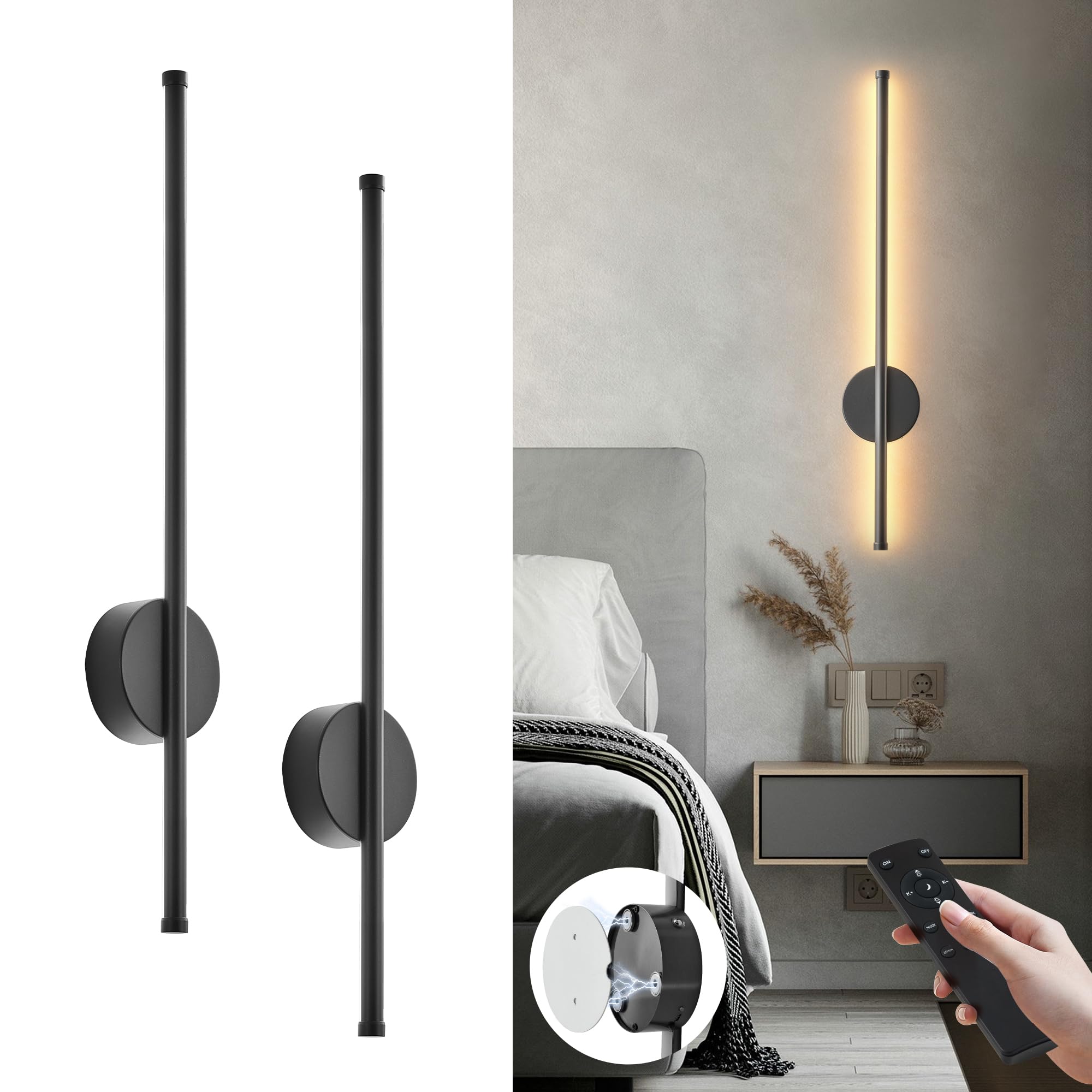 KARTOOSH Battery Operated Modern Wall Sconce Set of Two, 23.6 Inch Black