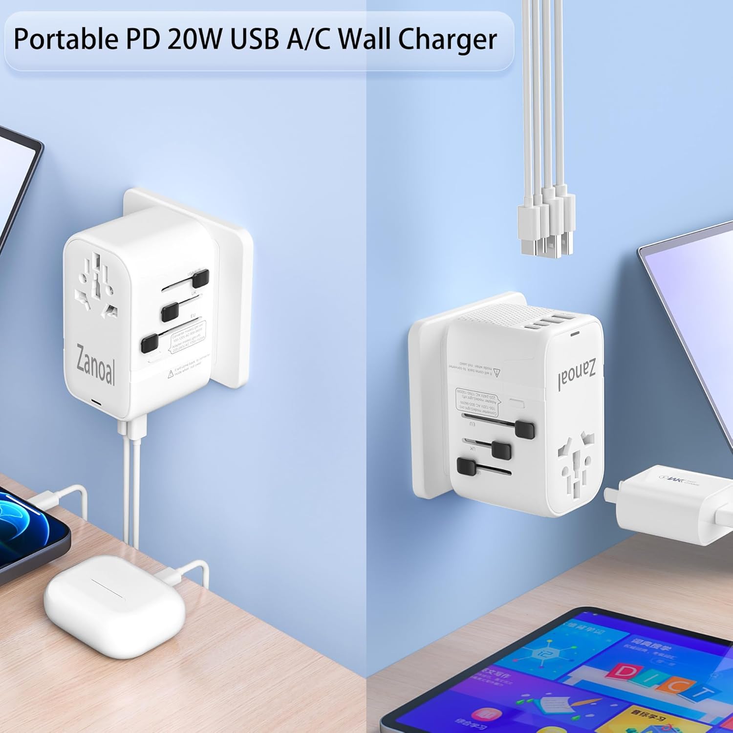 220V to 110V Converter for European Travel,Step Down Voltage Converter US to Europe,Universal Travel Power Adapter with 2 Type C +2 USB A,PD20W,USA/UK/EU/AUS/China Vacation Travel Essentials