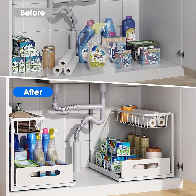 Under Sink Organizers and Storage, 2 Tier Sliding Cabinet Basket Organizer Drawer Pull Out Cabinet Organizer Multi-Purpose Under Sink Organizer for Bathroom Kitchen (Black)