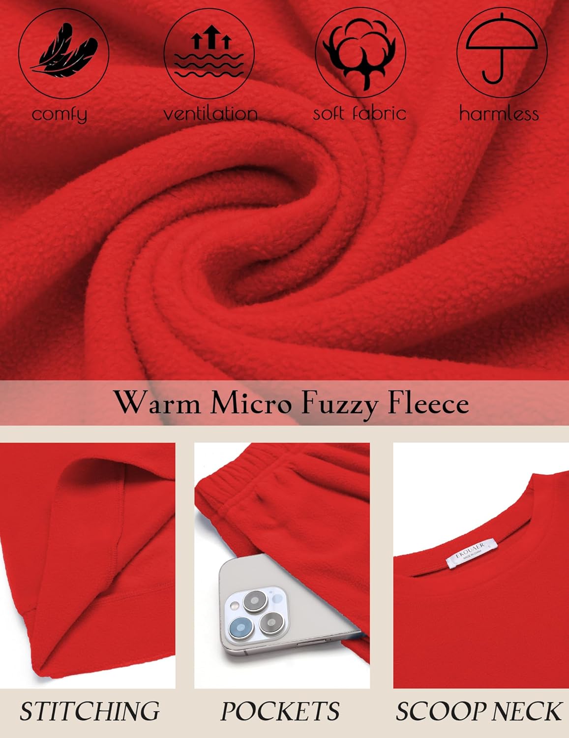 Ekouaer Womens Pajama Sets Fuzzy Fleece Long Sleeve Sleepwear Comfy Pjs 2 Piece Lounge Set Nightwear with Poeckts S-XXL - Image 3