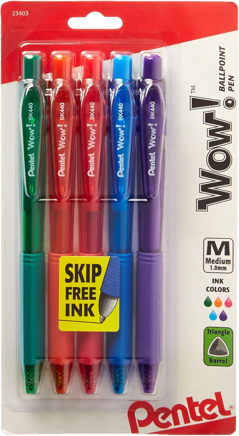 Pentel WOW! Colors Retractable Ballpoint Pens, Medium Line, Assorted Ink, 5 Pack (BK440CRBP5M)