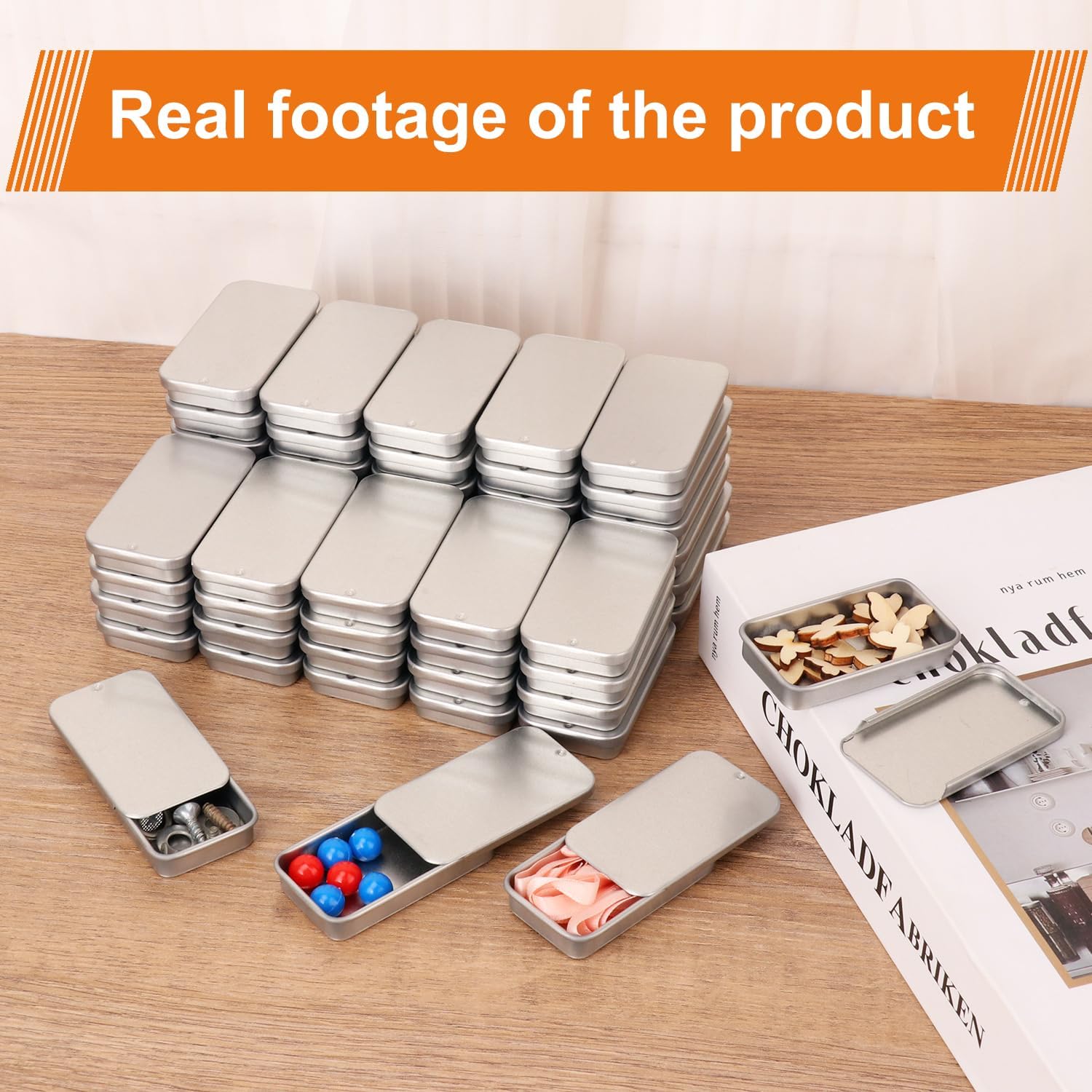 Biugaaufai 60 Pack Silver Mini Rectangular Metal Tins Boxes with Sliding lids, Small Empty Slide Top Metal Tin, Lip Balm Slide Tins with Lid for Crafts, Jewelry, Candies (2.36 x 1.34 x 0.43 Inch)